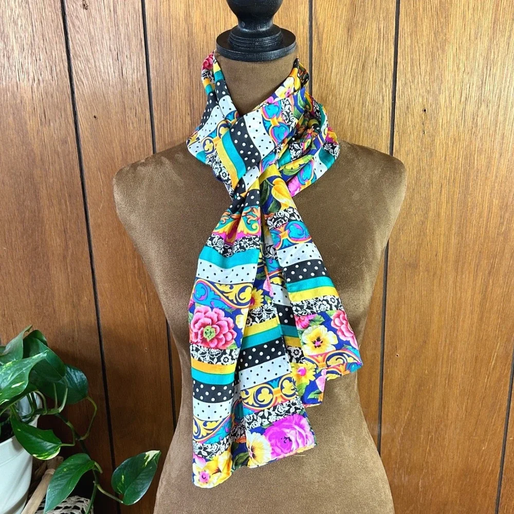 Vintage 100% Silk Floral Polka‎ Dot Baroque Multi Pattern Scarf Made in Korea